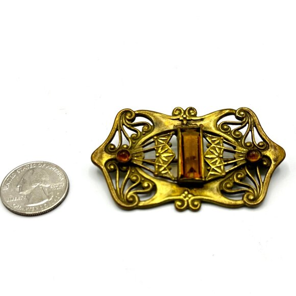 Art Nouveau Brass Brooch with Amber Glass Stones & Whiplash Scrollwork  — EUC - Picture 5 of 8